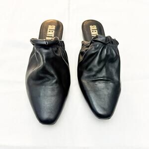 Silent D Ruched Front Black Leather Mule Pointy Toe Flat Shoes Size 38